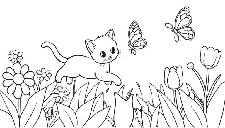 Placa de color de un gatito persiguiendo una mariposa entre flores.