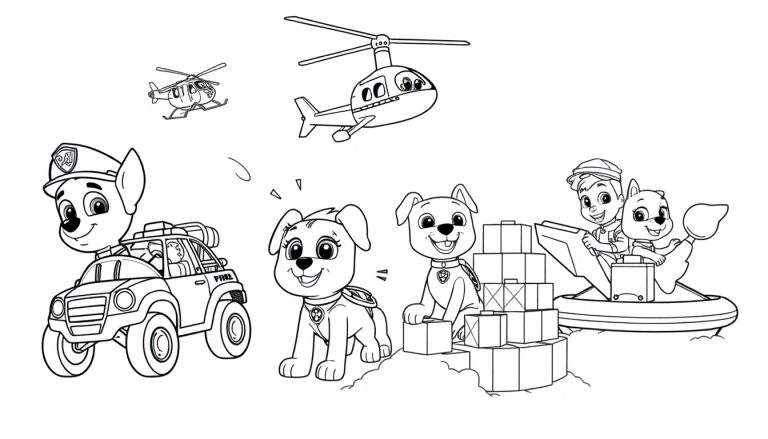 Ilustración en blanco y negro de la Patrulla Canina lista para colorear, con personajes y vehículos.