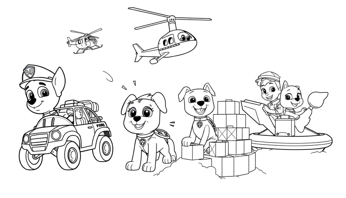 Ilustración en blanco y negro de la Patrulla Canina lista para colorear, con personajes y vehículos.