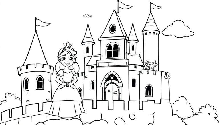 Placa de color de una princesa sonriente frente a un castillo mágico con un dragón asomando por una torre, rodeado de árboles y nubes.