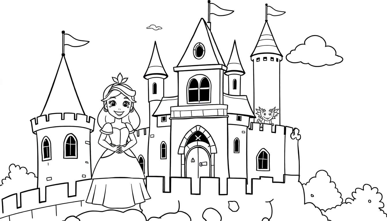 Placa de color de una princesa sonriente frente a un castillo mágico con un dragón asomando por una torre, rodeado de árboles y nubes.