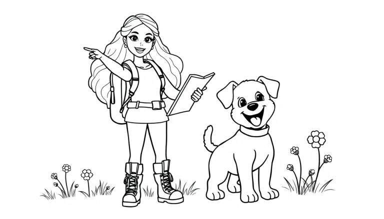 Placa de color de Barbie con su cachorro lista para la aventura.