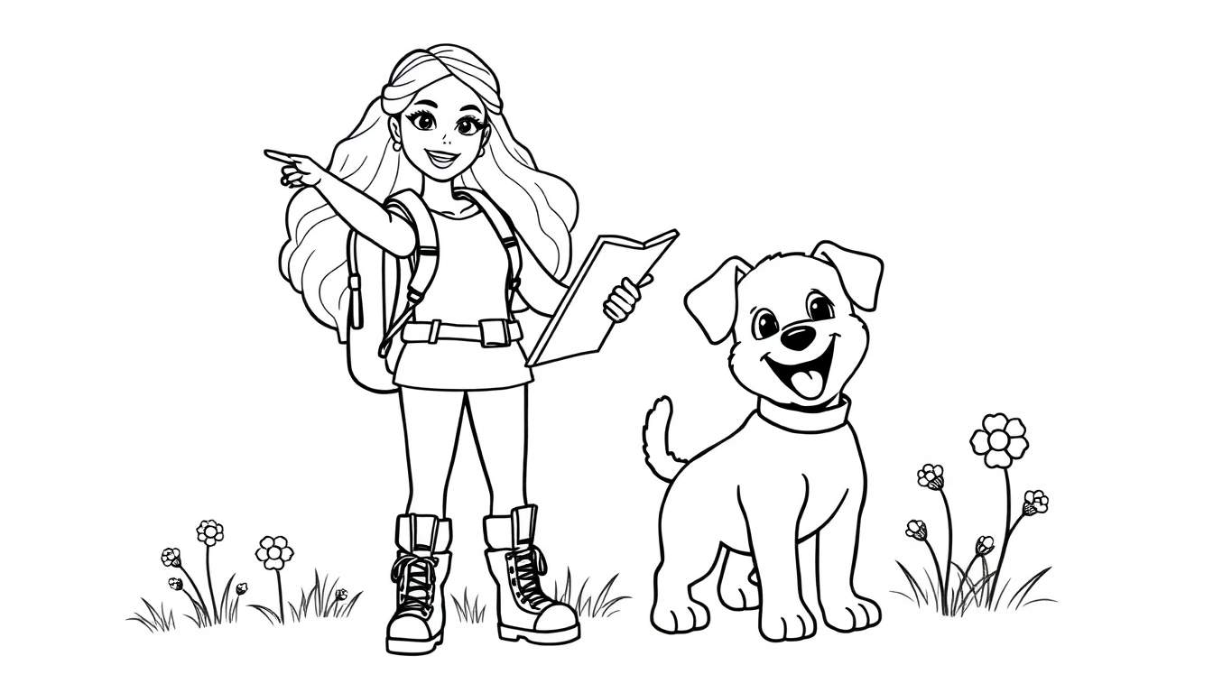 Placa de color de Barbie con su cachorro lista para la aventura.