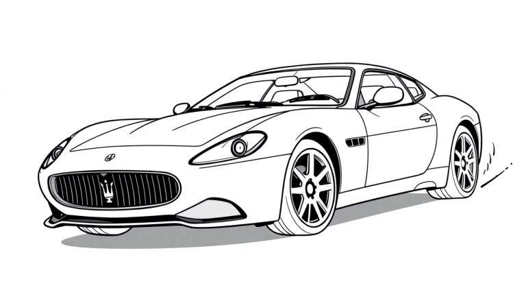 Un coche deportivo blanco y negro, listo para colorear, destacando su diseño elegante y ruedas detalladas. La placa de color es la imaginación del niño.
