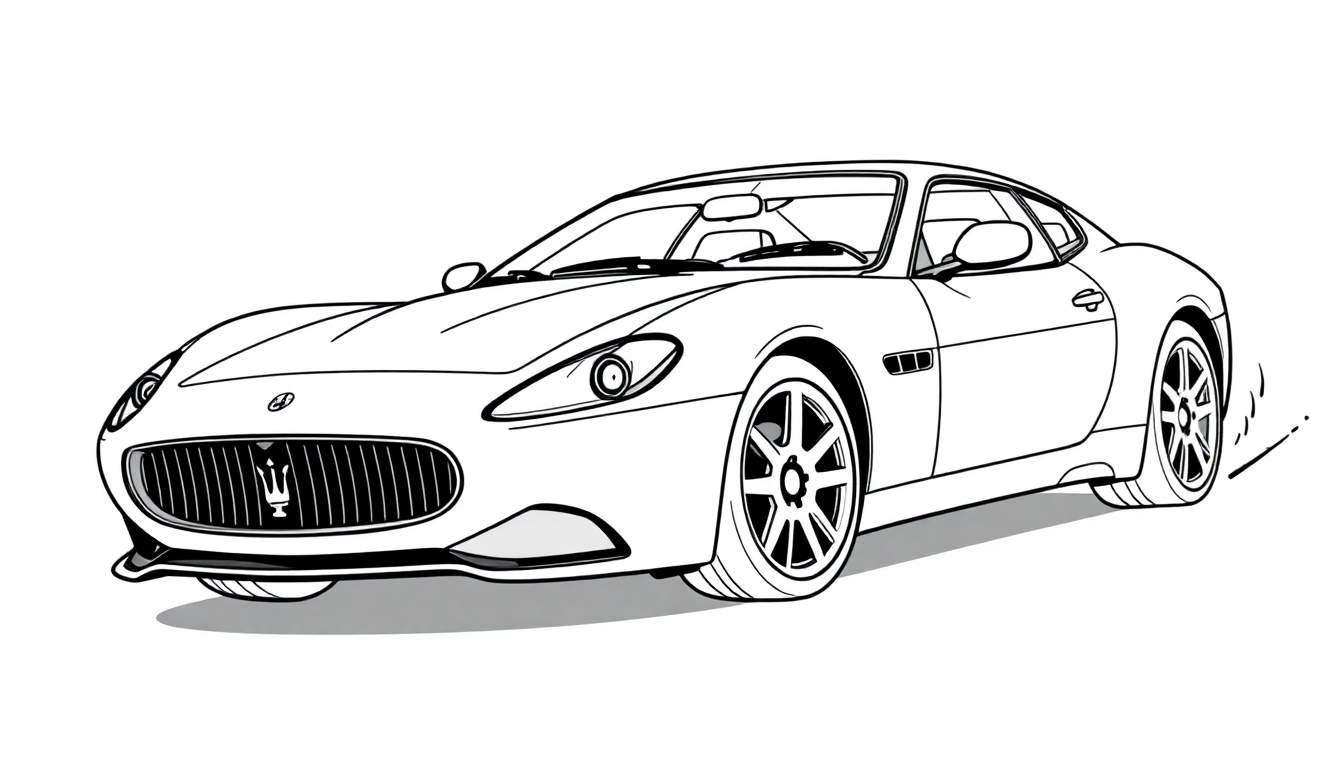 Un coche deportivo blanco y negro, listo para colorear, destacando su diseño elegante y ruedas detalladas. La placa de color es la imaginación del niño.