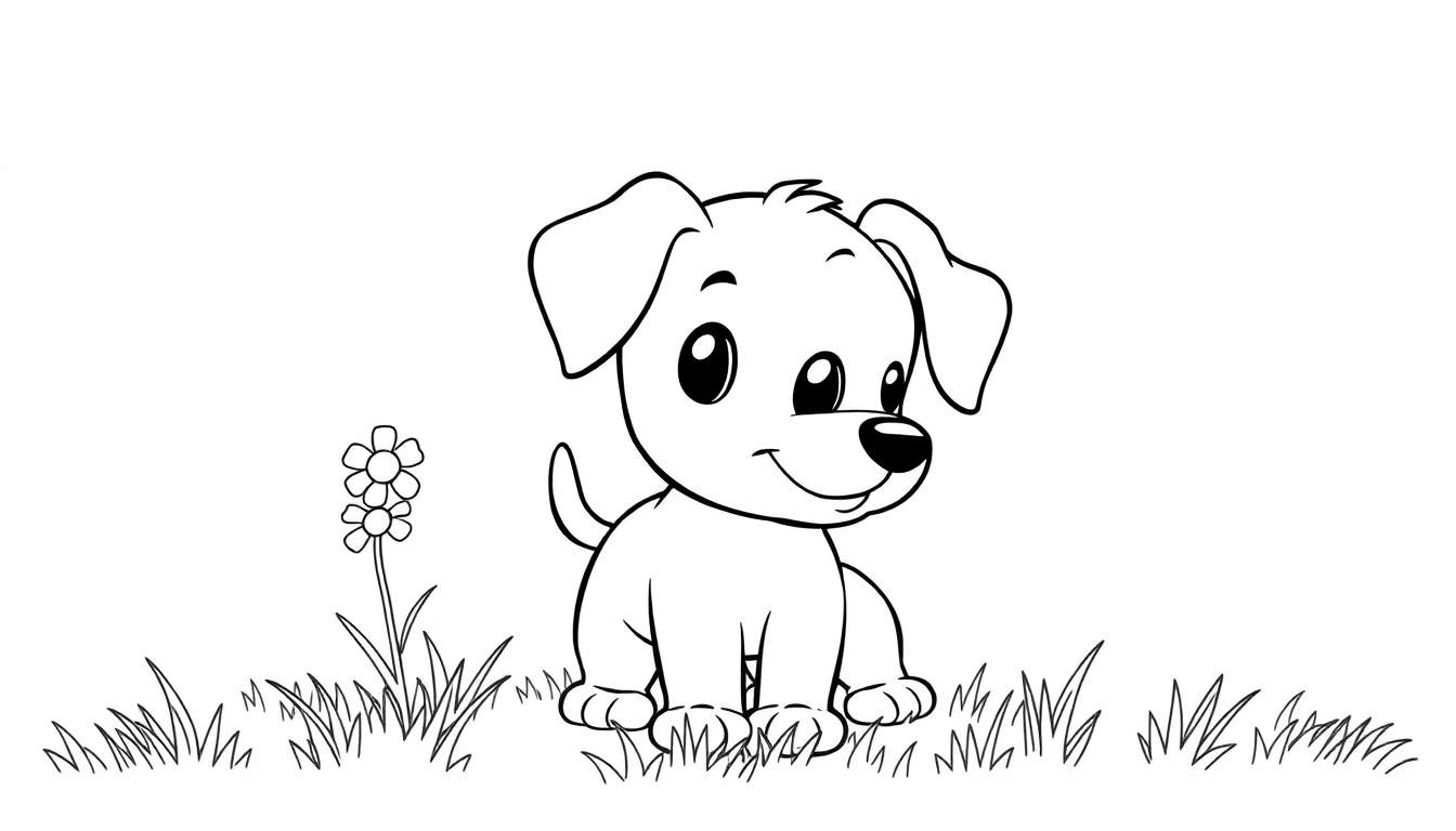 Placa de color de un cachorro blanco sentado en el césped con una flor.