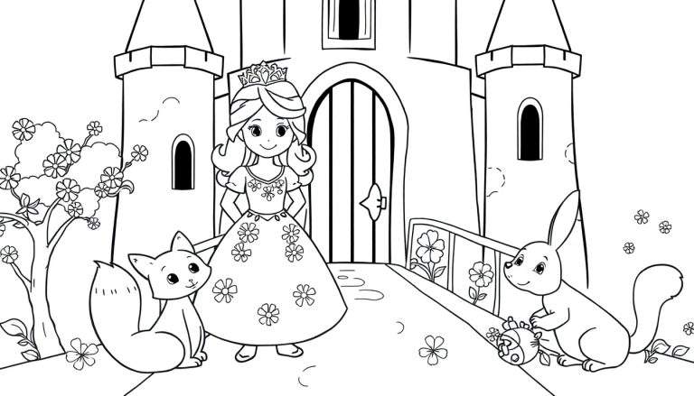 Página para colorear de una princesa con animales adorables en un castillo mágico.