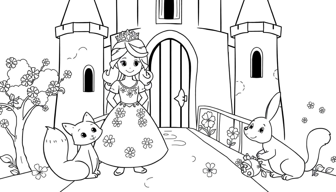 Página para colorear de una princesa con animales adorables en un castillo mágico.