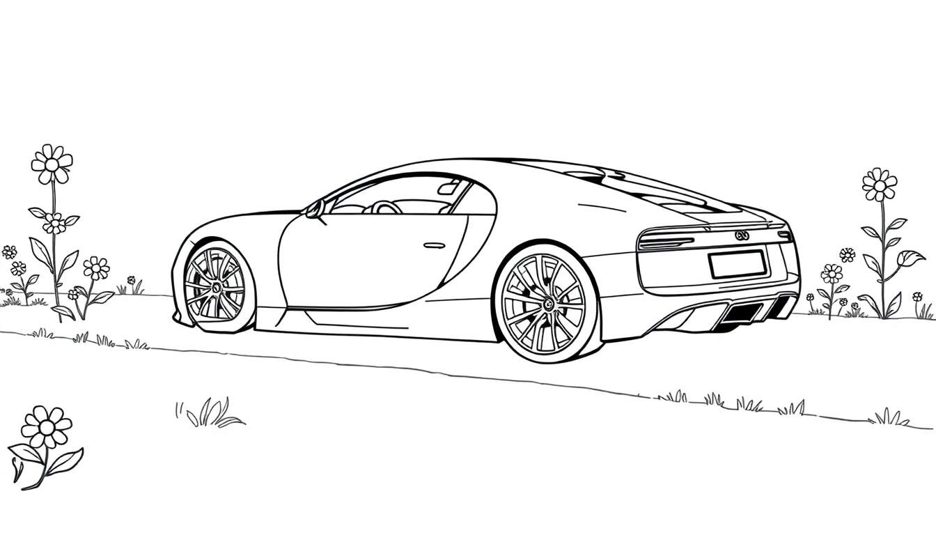 Un coche deportivo Bugatti Chiron dibujado en blanco y negro sobre un fondo con flores y hierba.