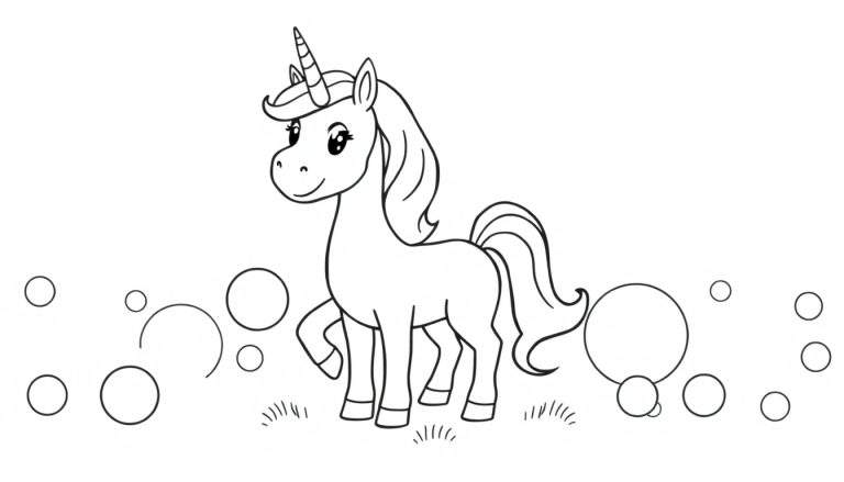 Placa de color de un unicornio sonriente en un campo con burbujas.