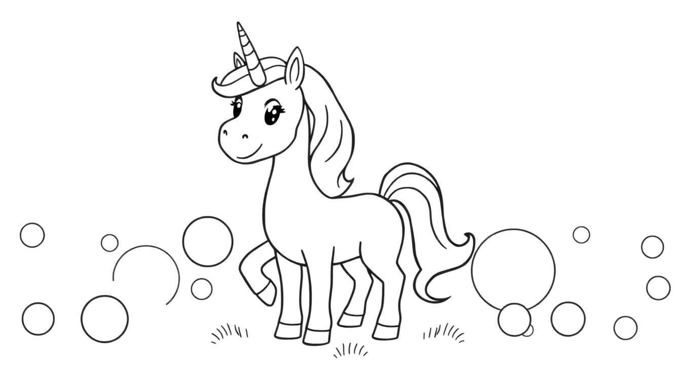 Placa de color de un unicornio sonriente en un campo con burbujas.