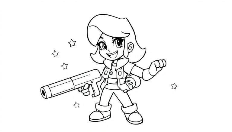 Placa para colorear de Shelly de Brawl Stars con una pistola espacial.