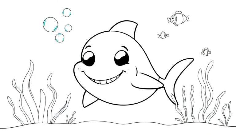 Placa de color de un tiburón de dibujos animados amigable nadando con burbujas y peces pequeños.