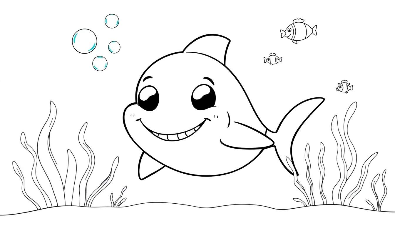 Placa de color de un tiburón de dibujos animados amigable nadando con burbujas y peces pequeños.