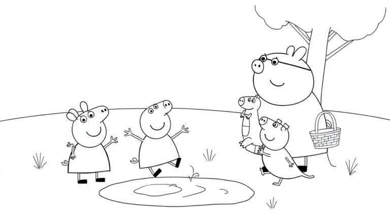 Peppa Pig y George jugando en un charco, Mamá Pig con un cesto de picnic, y Danny Dog con Rebecca Rabbit, listo para colorear en esta placa.