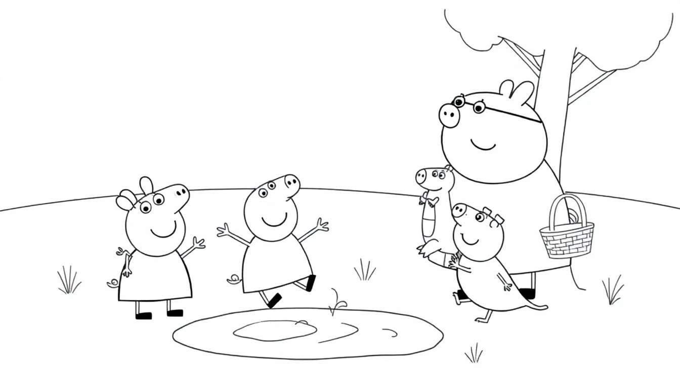 Peppa Pig y George jugando en un charco, Mamá Pig con un cesto de picnic, y Danny Dog con Rebecca Rabbit, listo para colorear en esta placa.