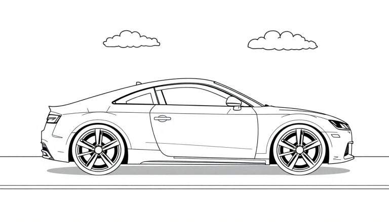 Placa de un coche deportivo Audi para colorear, con líneas gruesas y sencillas.