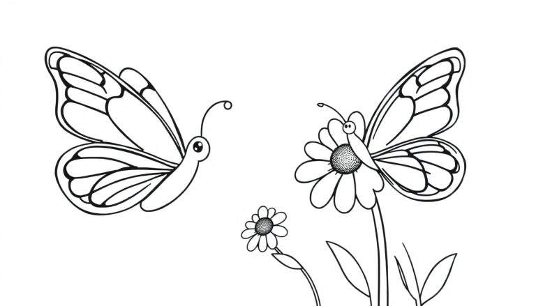 Placa de color de mariposas y flores en estilo de dibujo animado.