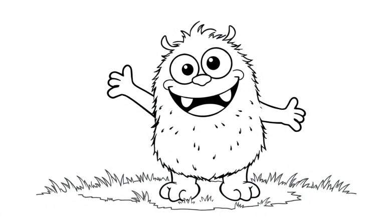 Un dibujo en blanco y negro de un monstruo amigable para colorear, con ojos grandes, una gran sonrisa y mechones de pelo, listo en su placa de color.
