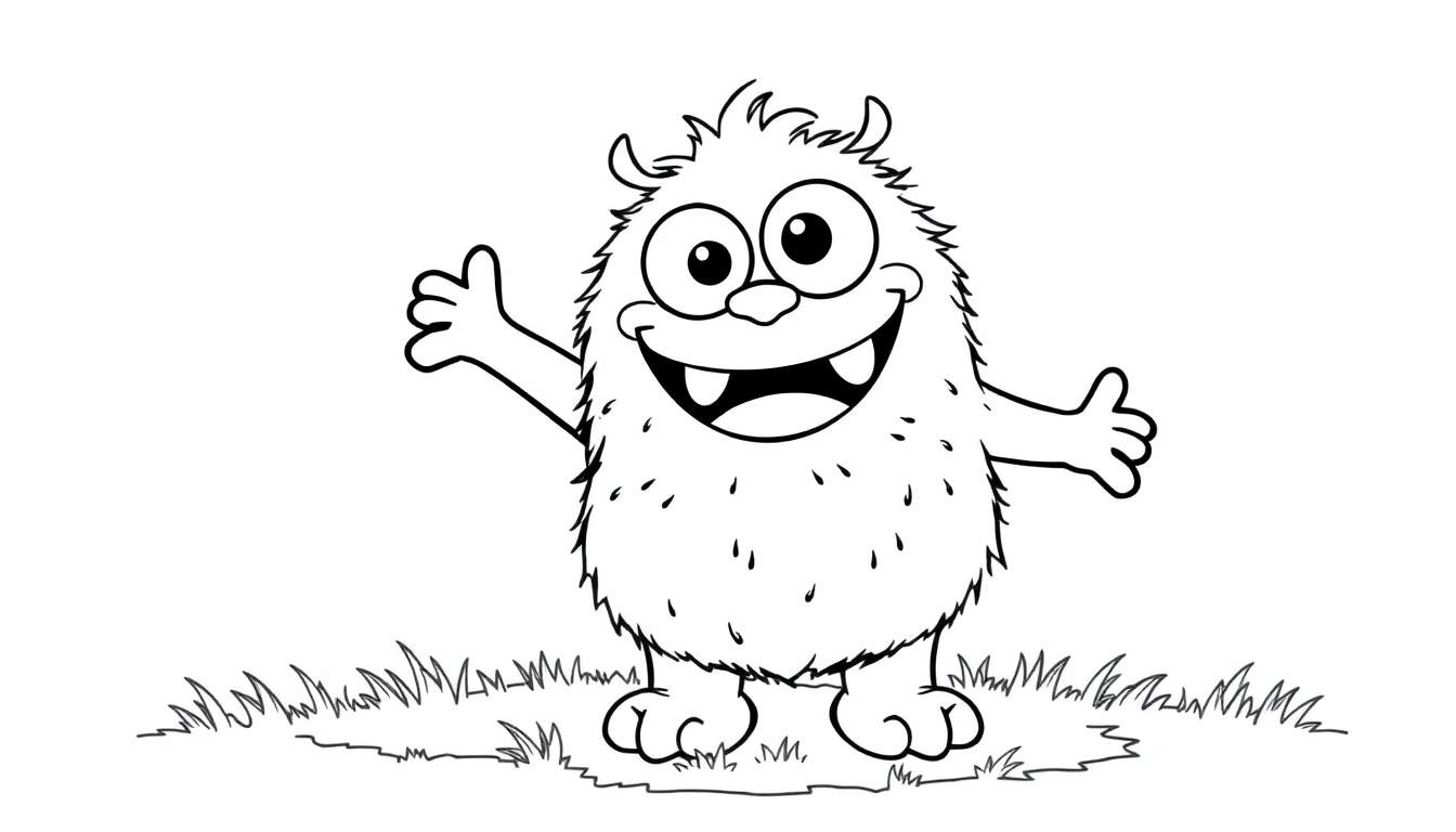 Un dibujo en blanco y negro de un monstruo amigable para colorear, con ojos grandes, una gran sonrisa y mechones de pelo, listo en su placa de color.