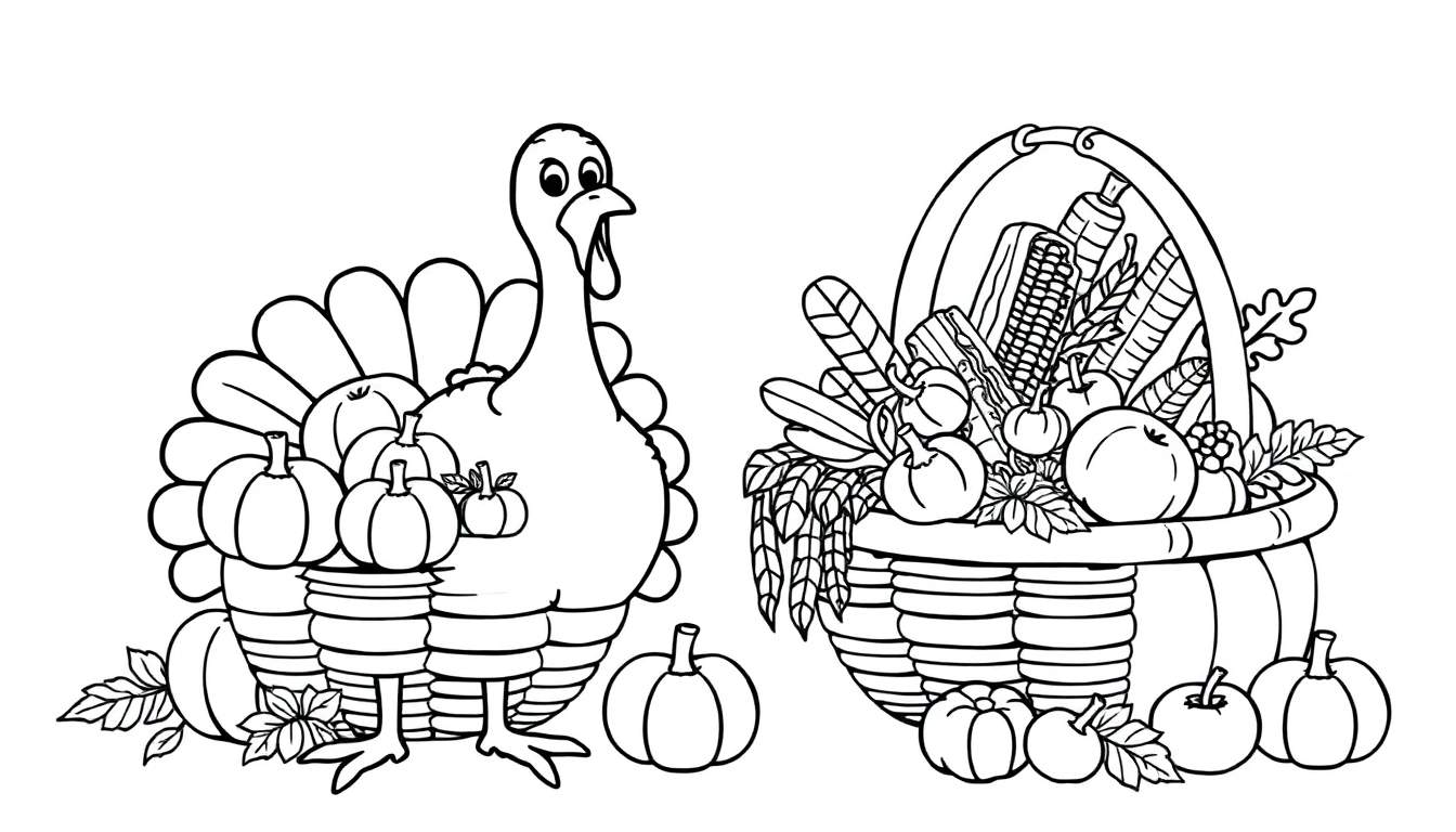 Un pavo amigable con un ventilador de cola, junto a una cesta llena de productos de la cosecha y calabazas.