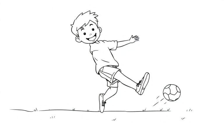 Placa de color: Un niño sonriente pateando un balón de fútbol en un campo de hierba.