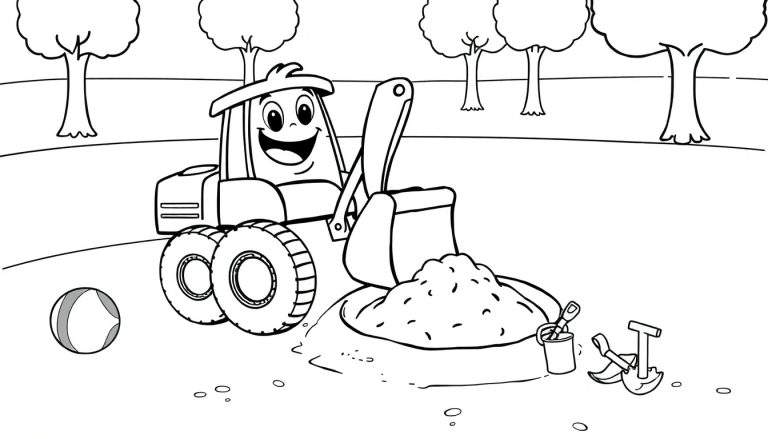 Placa de color de un tractor amigable excavando arena.