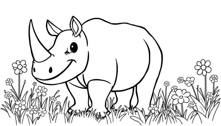 Un rinoceronte de dibujos animados sonriente rodeado de flores, listo para ser coloreado en una placa de color.
