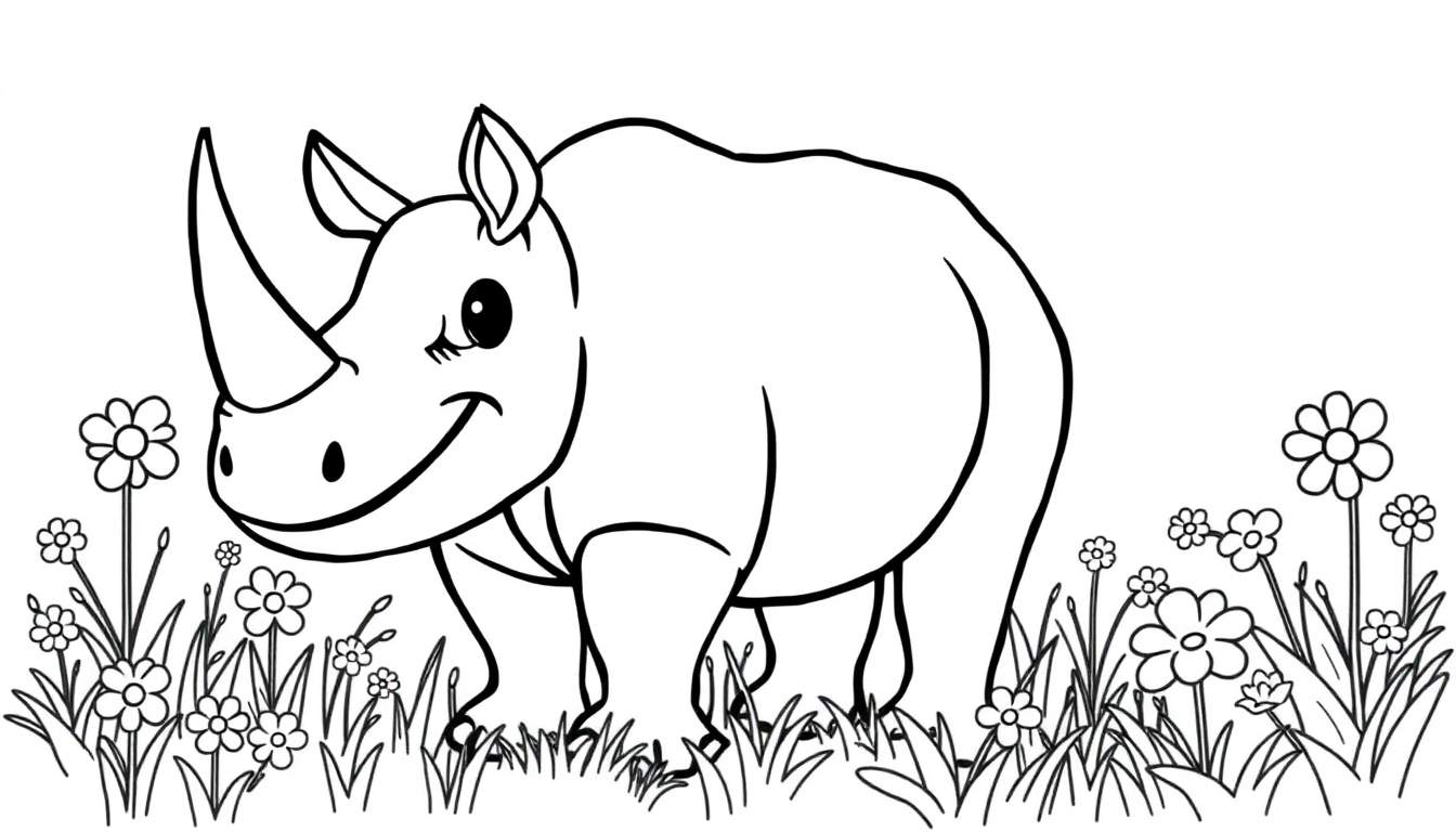 Un rinoceronte de dibujos animados sonriente rodeado de flores, listo para ser coloreado en una placa de color.