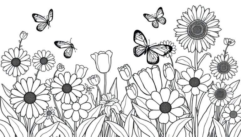 Una placa de color en blanco y negro de un jardín con flores y mariposas.