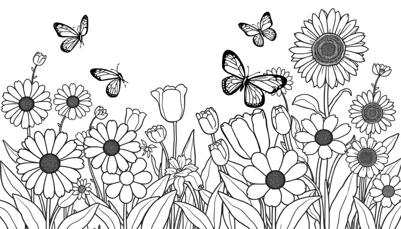 Una placa de color en blanco y negro de un jardín con flores y mariposas.