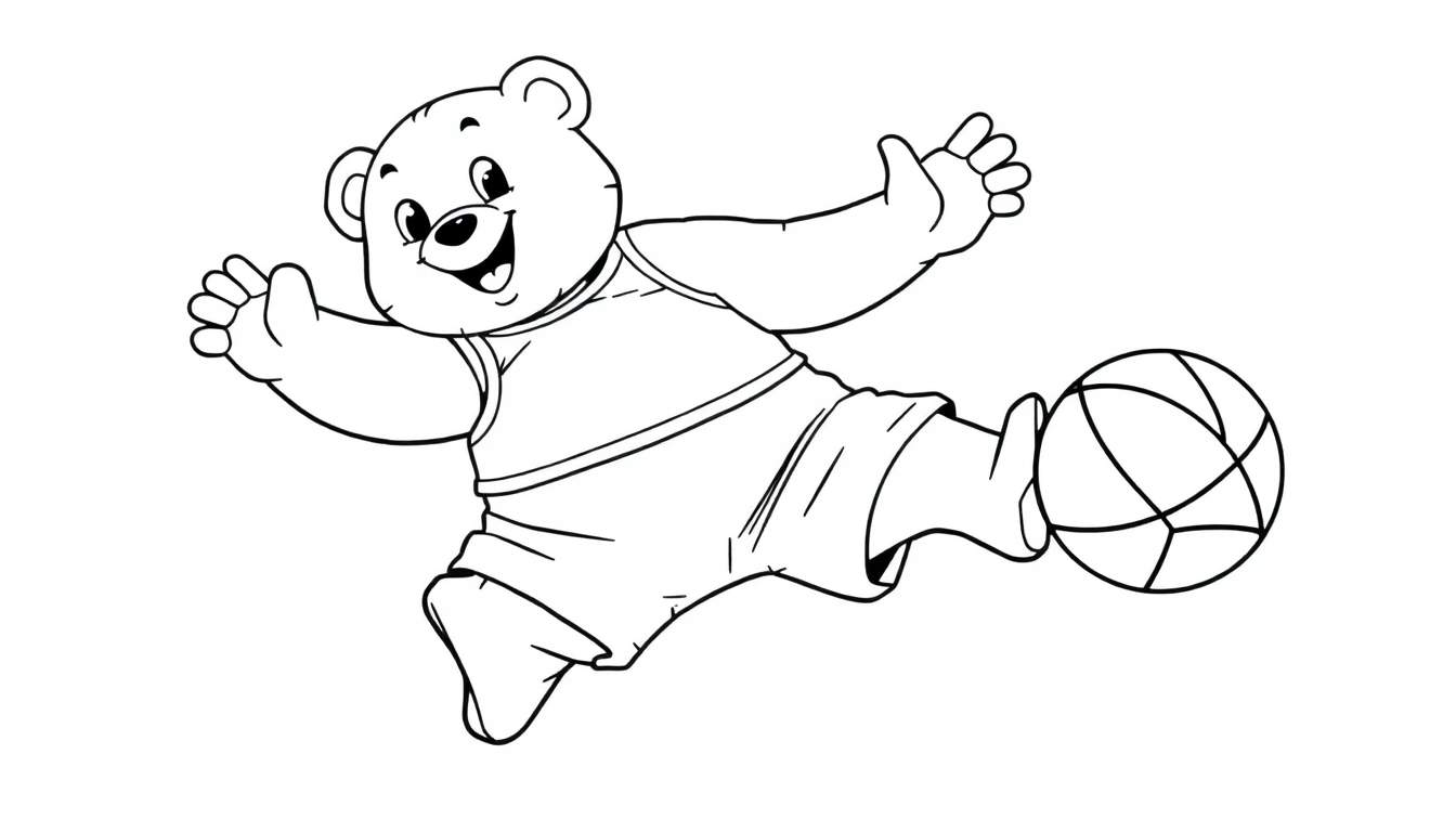 Un dibujo de un oso jugando al fútbol, listo para colorear. Una placa de color.