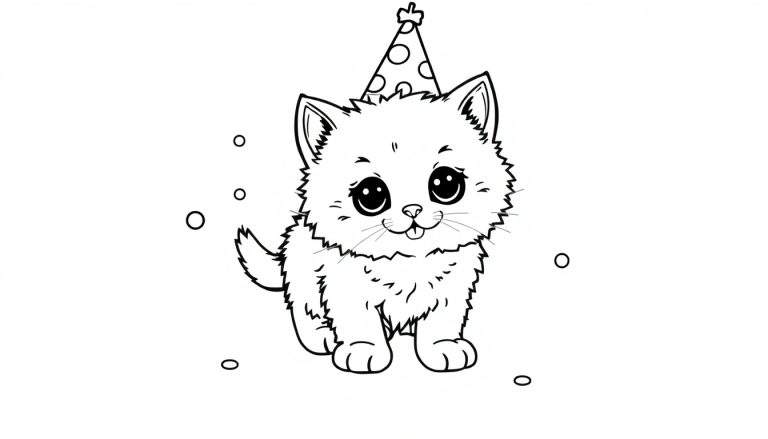 Placa de color de un gatito kawaii con sombrero de fiesta.