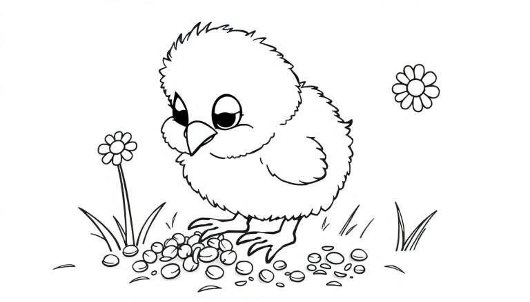 Un pollito lindo sobre una placa de color con semillas.