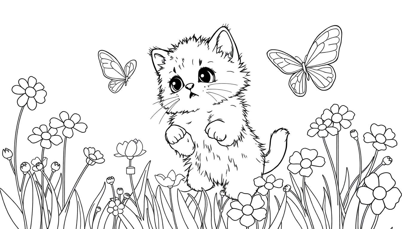 Gatito adorable jugando en un campo de flores con mariposas.