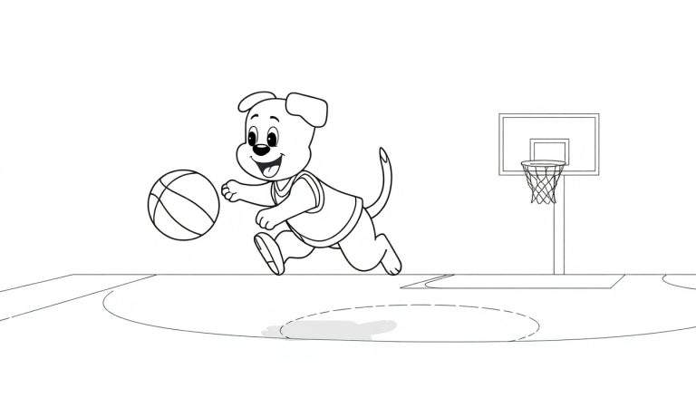 Un perrito de dibujos animados con una camiseta de baloncesto driblando un balón en una cancha, listo para colorear.