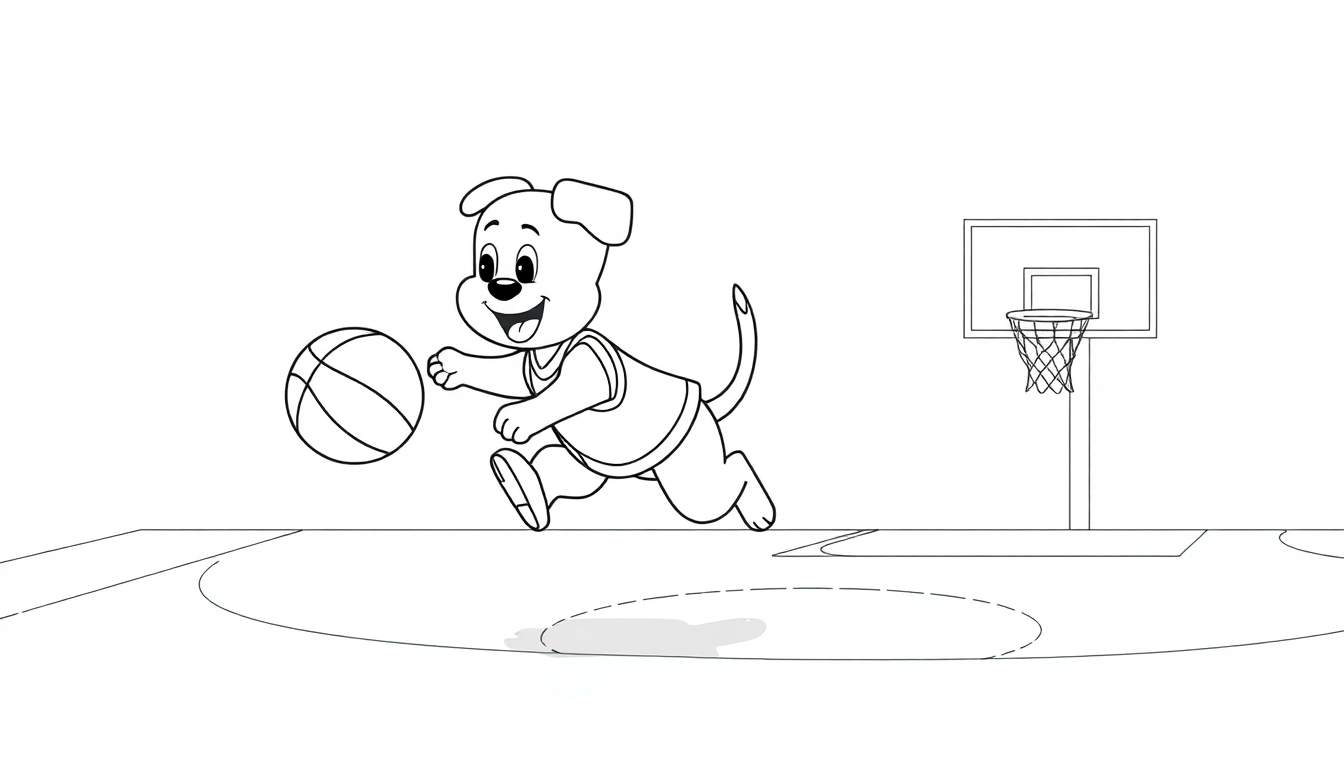 Un perrito de dibujos animados con una camiseta de baloncesto driblando un balón en una cancha, listo para colorear.