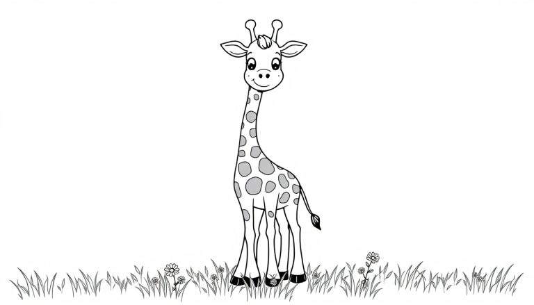 Una jirafa sonriente lista para colorear, con un gran cuello y manchas dibujadas en una placa de color.