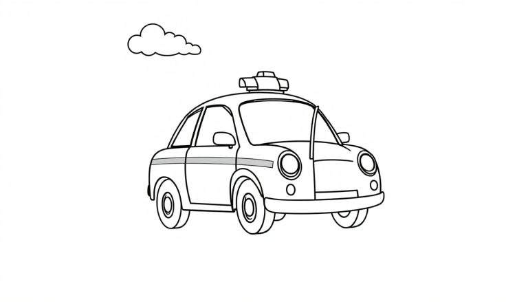 Un coche de policía de dibujos animados en blanco y negro con una placa de color y una nube.