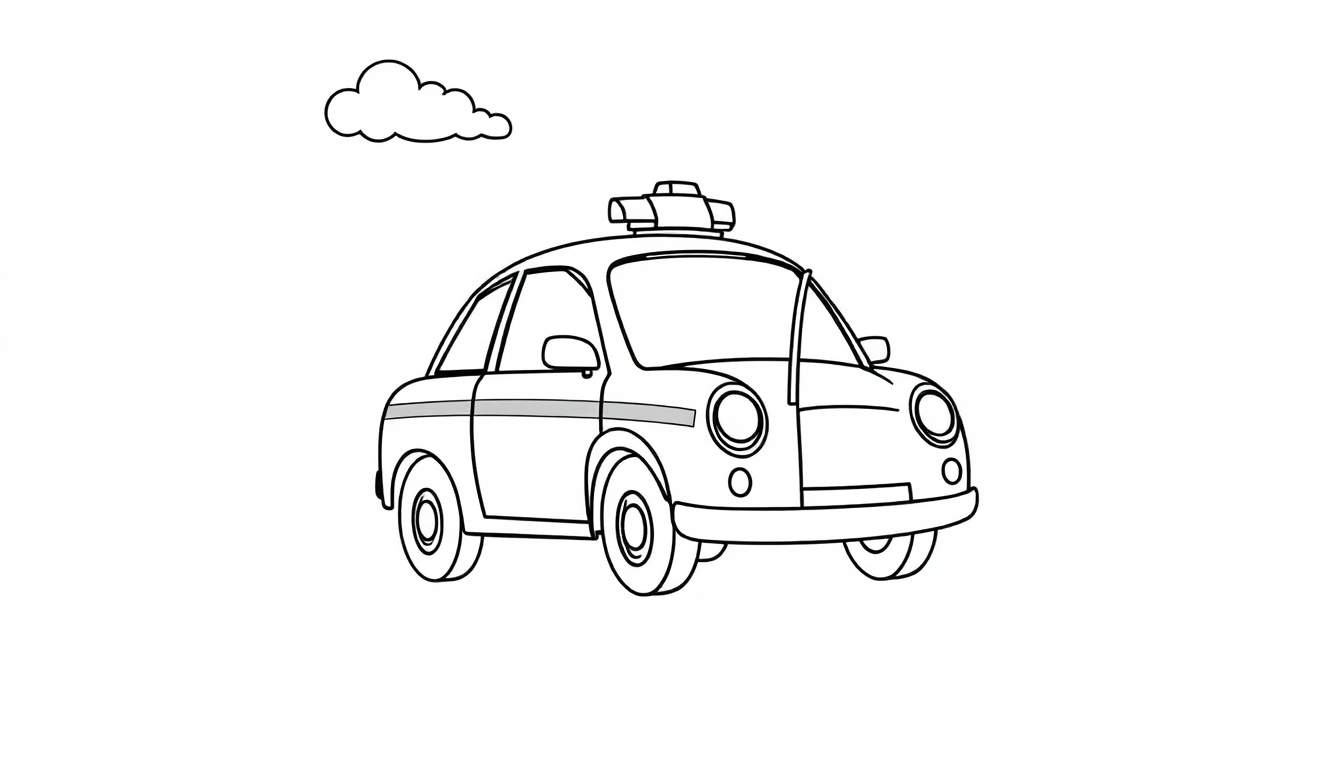 Un coche de policía de dibujos animados en blanco y negro con una placa de color y una nube.