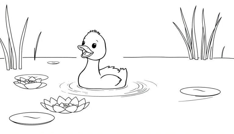 Un patito de dibujos animados cantando en un estanque, con líneas gruesas para colorear, representando una placa de color.