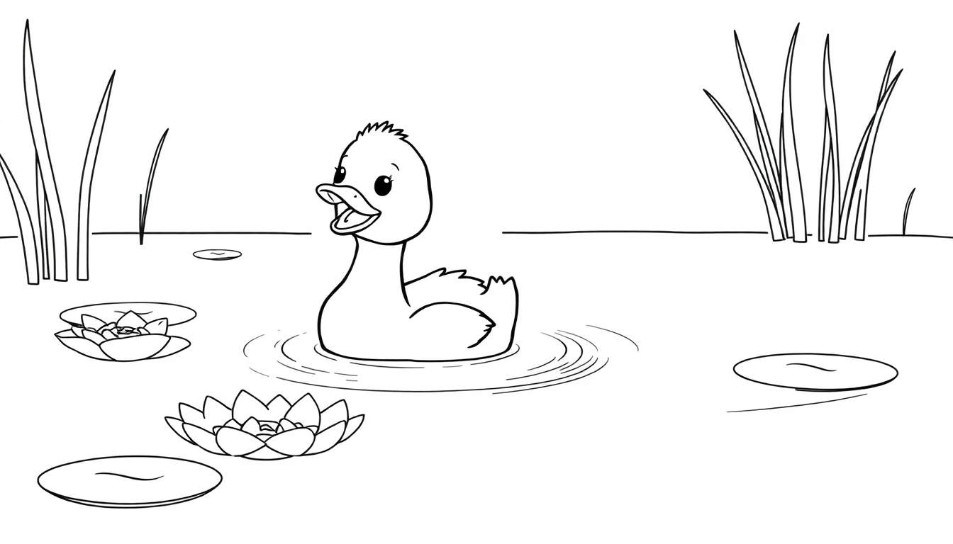 Un patito de dibujos animados cantando en un estanque, con líneas gruesas para colorear, representando una placa de color.