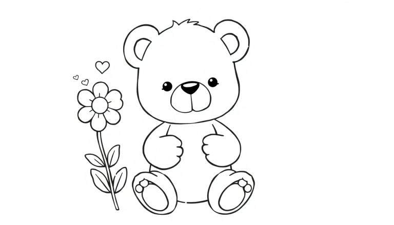 Placa de color de un oso de peluche tierno regalando una flor con corazones.