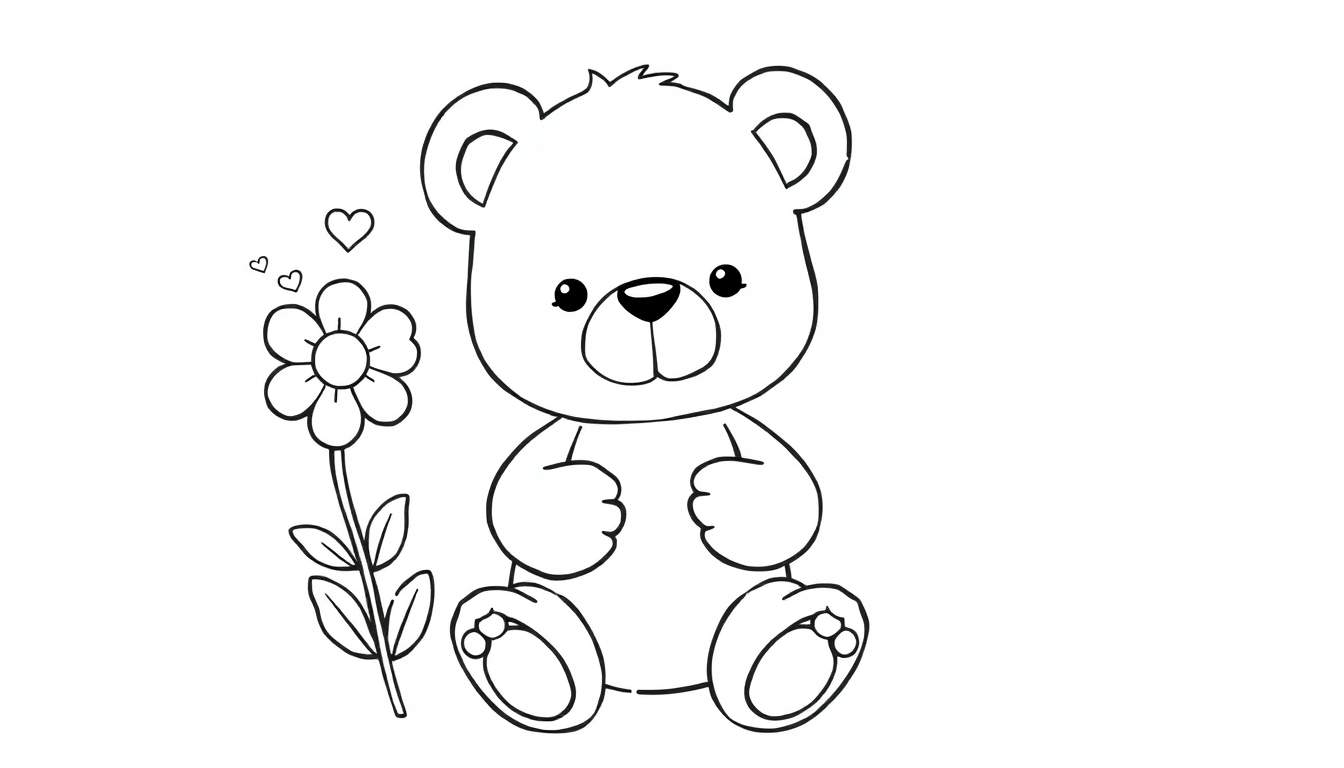 Placa de color de un oso de peluche tierno regalando una flor con corazones.