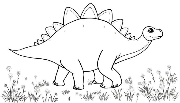 Un dibujo lineal en blanco y negro de un estegosaurio amigable con sus placas, caminando en un campo lleno de flores y pasto.