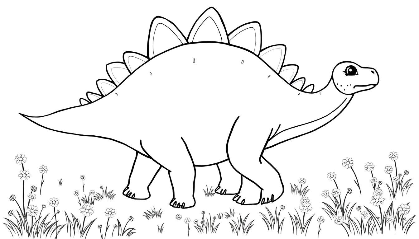 Un dibujo lineal en blanco y negro de un estegosaurio amigable con sus placas, caminando en un campo lleno de flores y pasto.