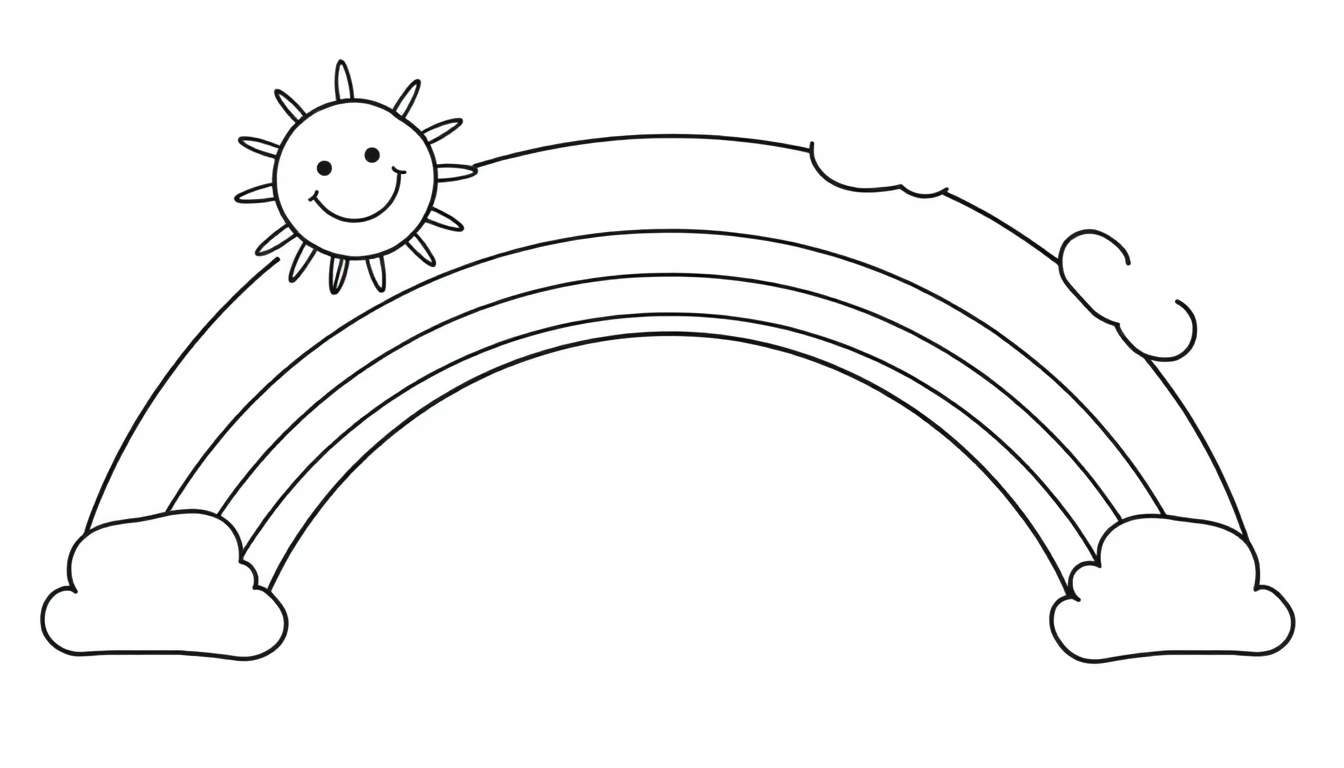 Placa de color de un arcoíris con sol sonriente y nubes.