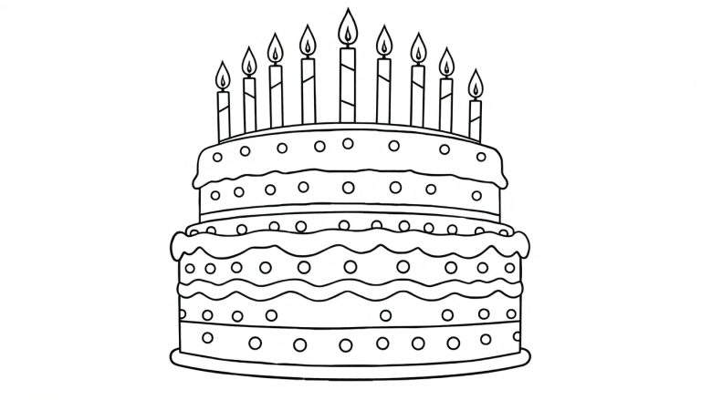 Página para colorear en blanco y negro de una tarta de cumpleaños grande y festiva con nueve velas encendidas, decorada con círculos y glaseado que gotea. Una placa de color invita a la diversión.