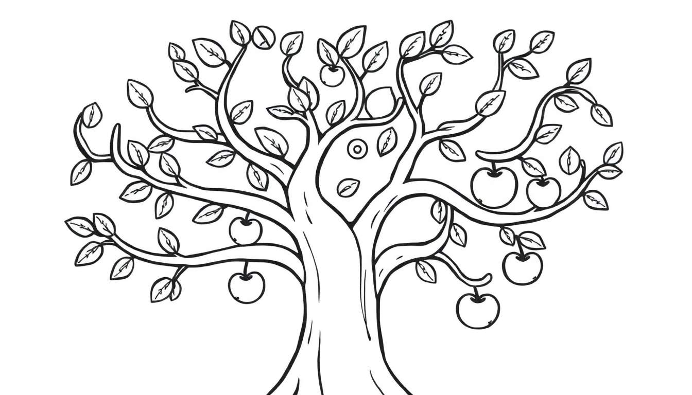 Placa de color de un árbol de manzanas amigable con ramas y hojas para colorear.
