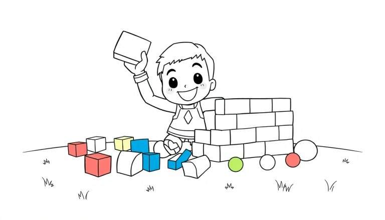 Un tierno personaje de Fortnite construyendo una fortificación con bloques, listo para ser coloreado en esta placa de color.